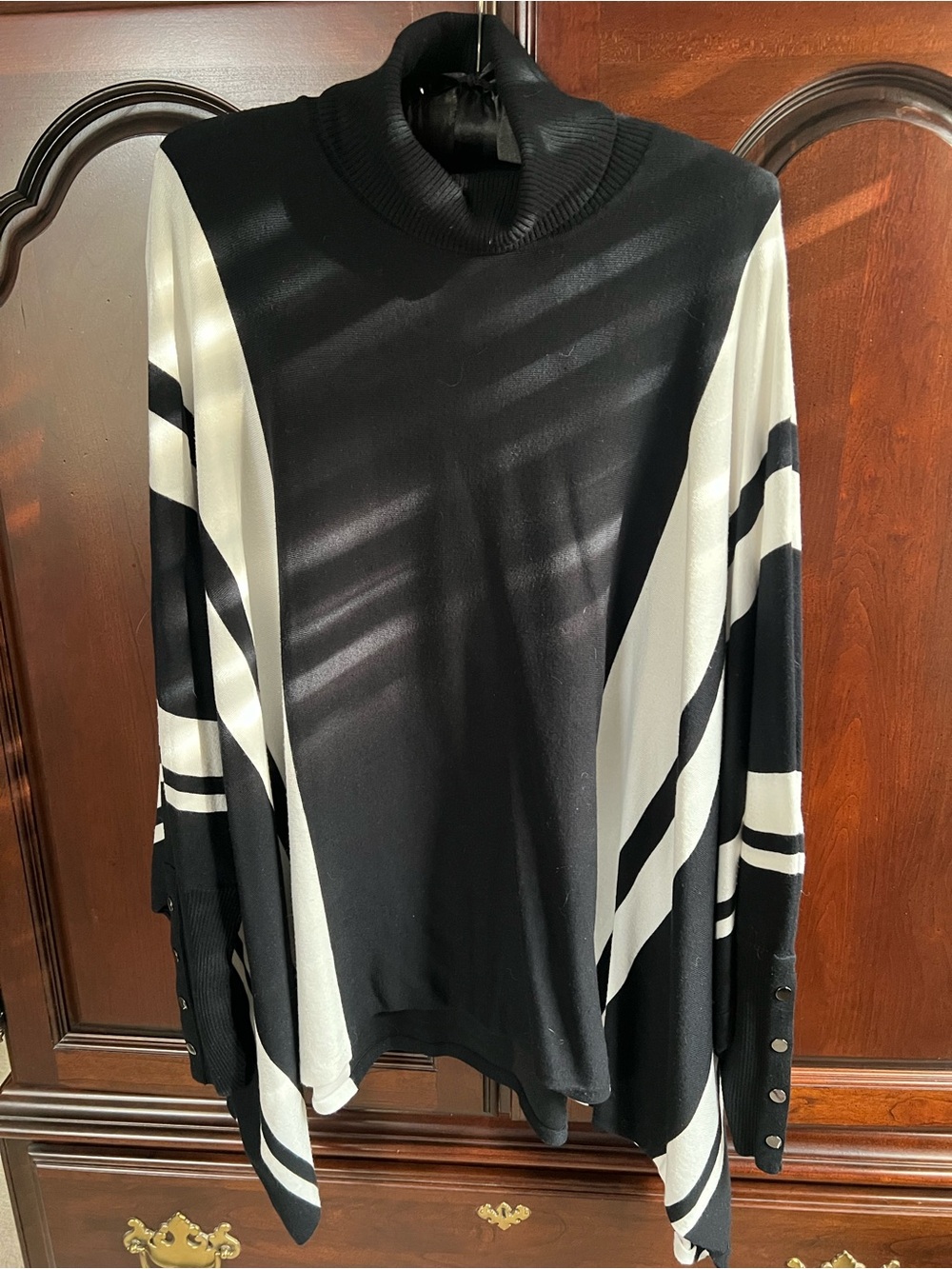 Alfani Black and White Striped Turtleneck Poncho Sweater